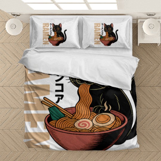 Black Cat Ramen Illustration Bedding Sets