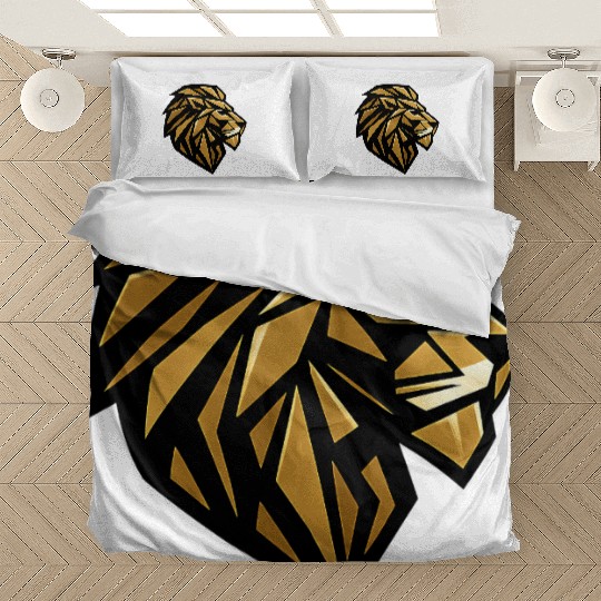 Geometric Gold Lion Head Side Profile Modern   Bedding Sets