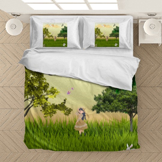 Serene Forest Girl with Bunny and Birds Bedding Sets