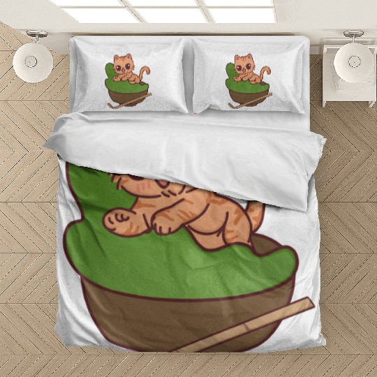 Kawaii Cat in Matcha Tea Bowl Bedding Sets