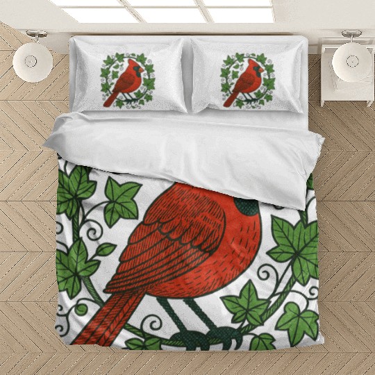 Vibrant Cardinal Amidst Ivy Leaves Bedding Sets