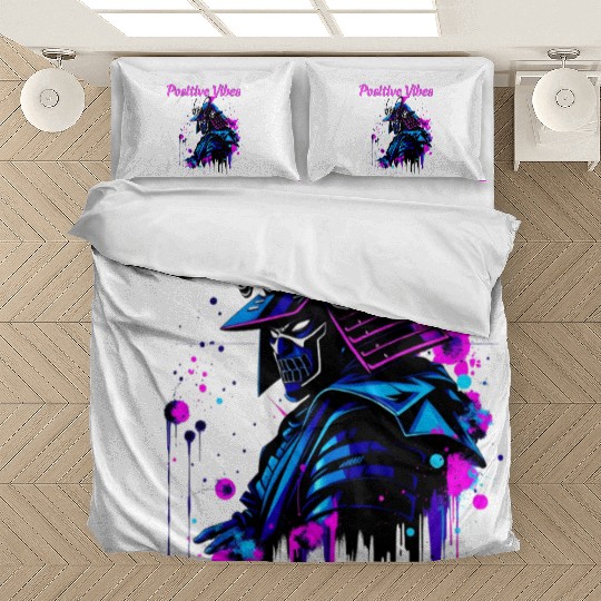 Neon Samurai Skull with Positive Vibes Bedding Sets