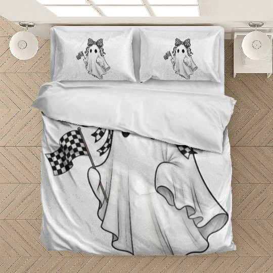 Ghost Boo Checkered Bow Race Day Racing Flag Racer Bedding Sets