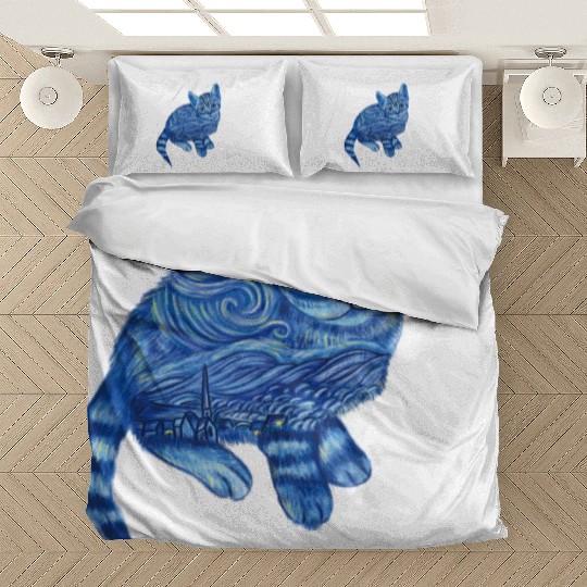 Blue Van Gogh Starry Night Bengal Cat Illustration Bedding Sets