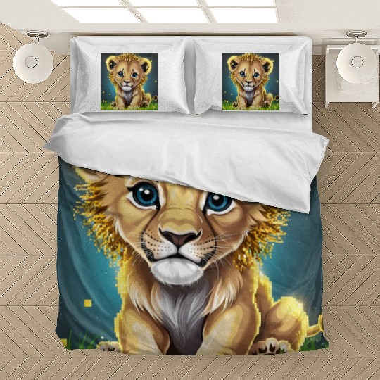 Glowing Pixel Lion Cub Illustration Bedding Sets