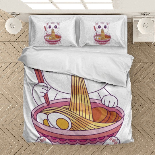 Cute Kawaii Cat Eating Ramen  Bedding Sets