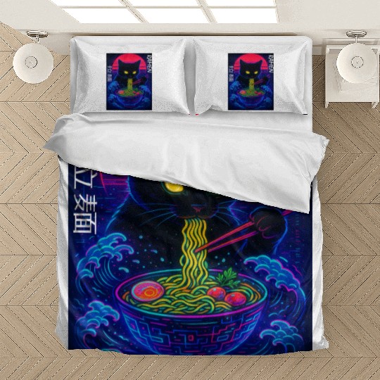 Neon Black Cat Ramen Art Bedding Sets