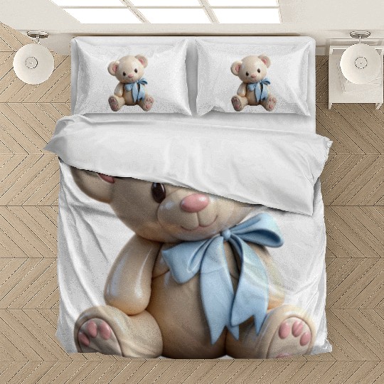 Adorable Teddy Bear with Blue Bow Bedding Sets