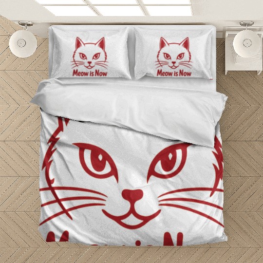 Elegant Cat Face with Bold Red Lines - Meow Is Now Bedding Sets