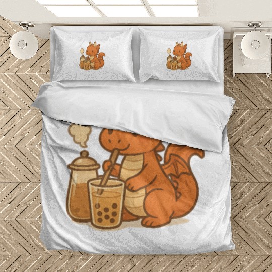 Cute Dragon with Bubble Tea Design Bedding Sets