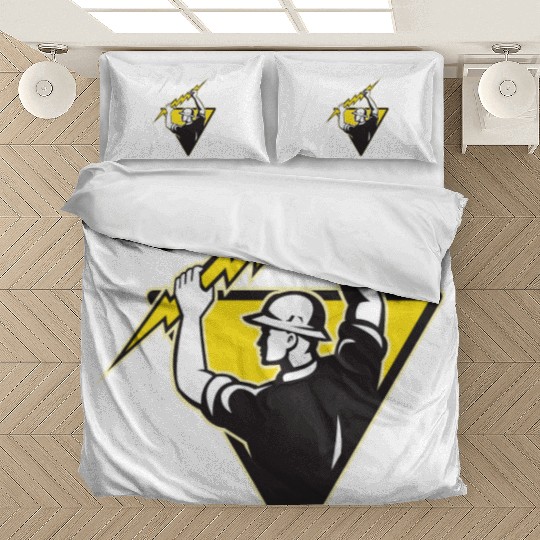 electrician power lineman holding lighting bolt Bedding Sets