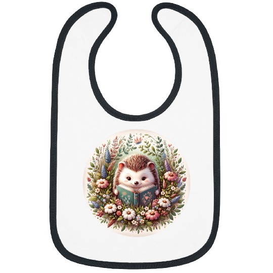 Cute Cottagecore Aesthetic Hedgehog Reading Book Flowers Bibs