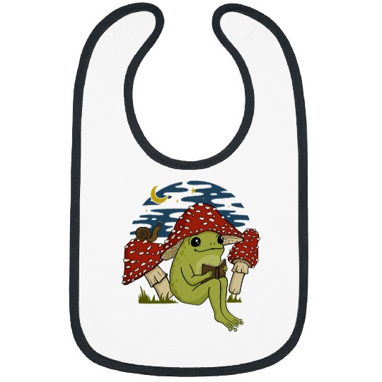 Frog Mushroom Hat Reading Book Cottagecore Goblincore Bibs
