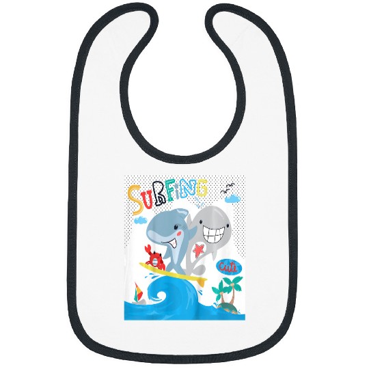 Surf Life Kids Kids funny surfing with crab shark whale Bibs