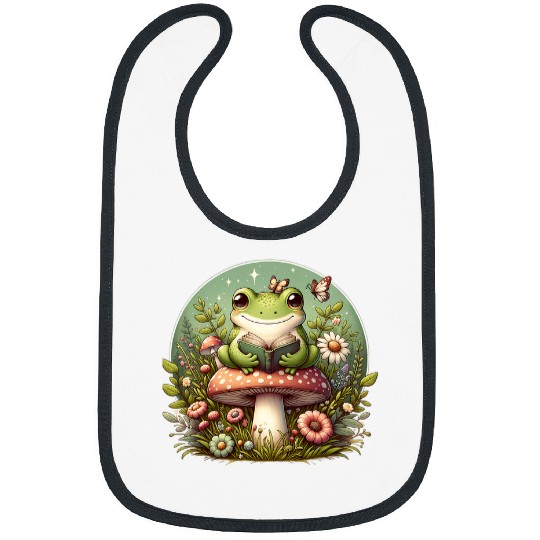 Cute Cottagecore Aesthetic Frog Mushroom Reading Book Bibs