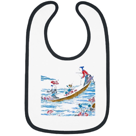 Chinese Art Lady on a Canal Boat Admiring Lotus Flowers Asia Bibs