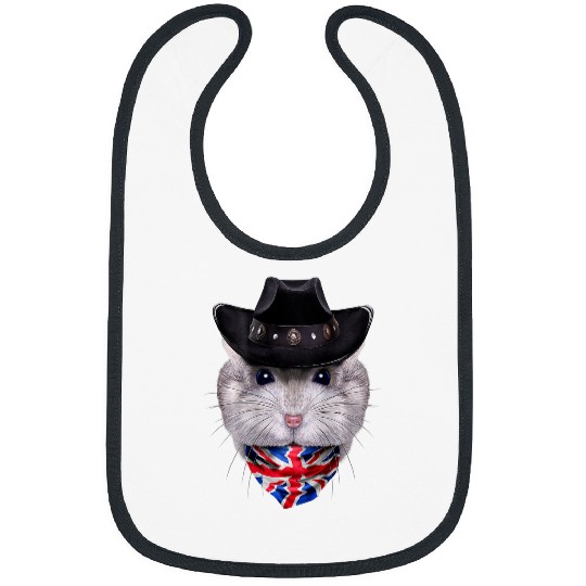 Grey Dwarf Hamster in Cowboy Hat and Union Jack Bandana Bibs