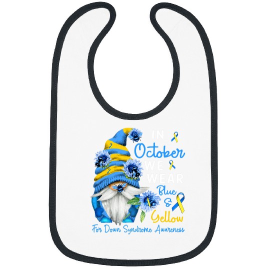 Gnome In October We Wear Blue Yellow Down Syndromes Awareness Bibs