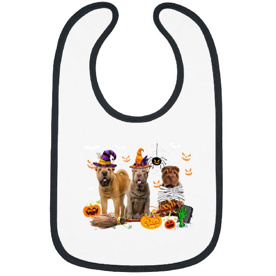 Three Shar Pei Dogs Witch Halloween Mummy Scary Pumpkins Bibs