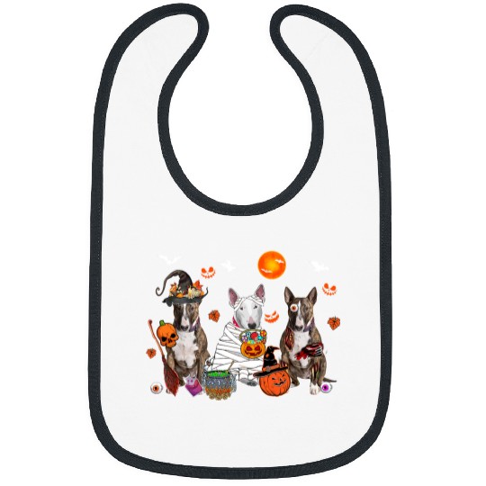 Three Bull Terrier Dogs Witch Scary Mummy Halloween Zombie Bibs