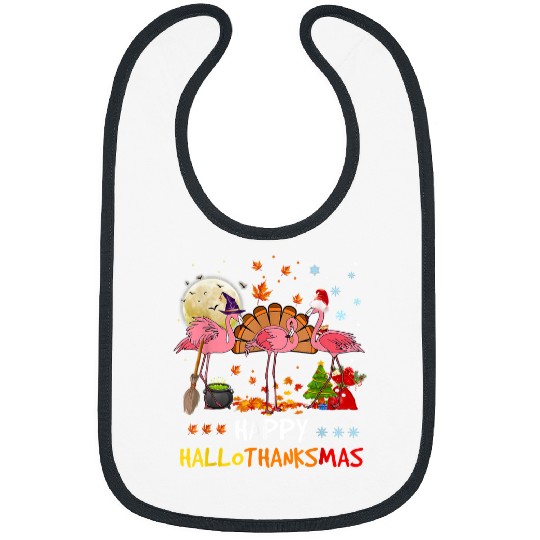 Pink Flamingo Happy HalloThanksmas Funny Halloween Thanksgiving 100 Flamingos Bibs