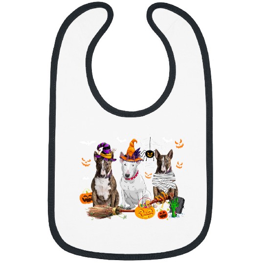 Three Bull Terrier Dogs Witch Halloween Mummy Scary Pumpkins Bibs