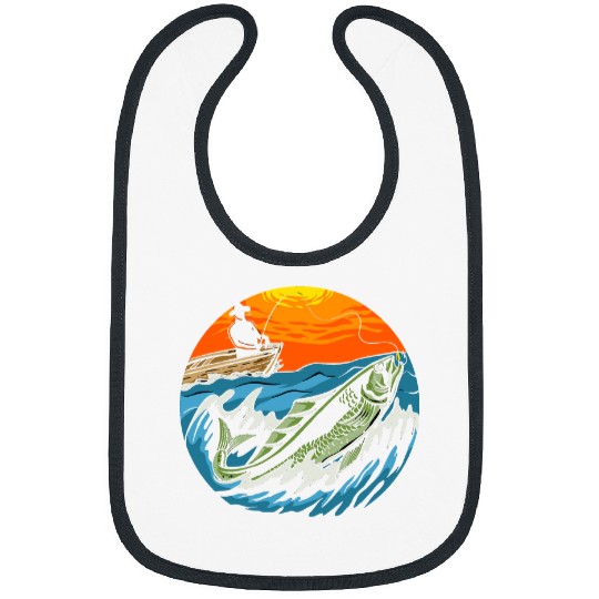Fishing Sunset fisherman wooden boat with rod pulls fish illustration 81 Fisher Hook Fisher Bibs