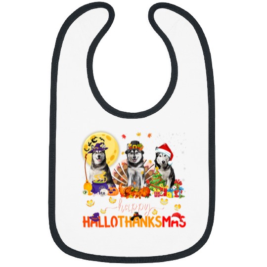 Dog Husky Happy HalloThanksMas Siberian Husky Pumpkin Turkey Santa Hat Bibs
