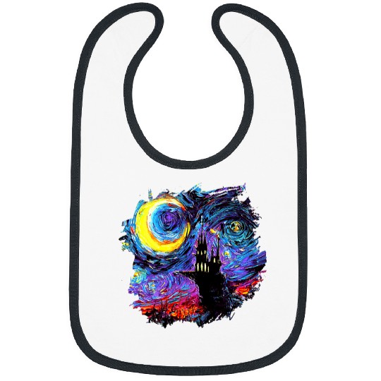Haunted House with Moon and border Starry Night Art by Aja Bibs