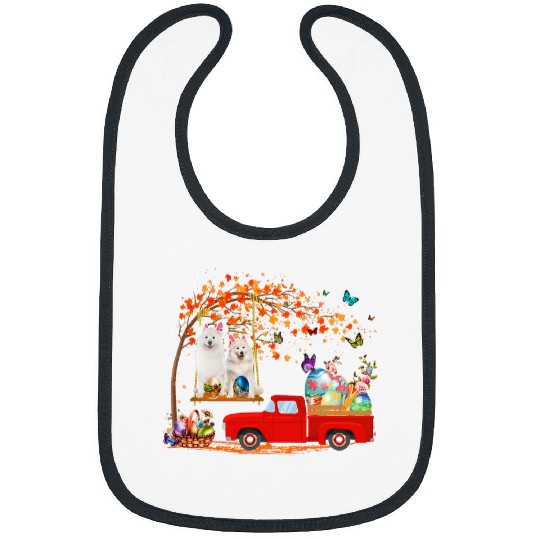 Dog Samoyed Wearing Bunny Ear Red Truck With Eggs Bibs