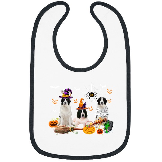 Three Landseer Dogs Witch Halloween Mummy Scary Pumpkins Bibs