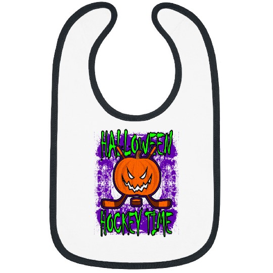 Sport Hockey Halloween Hockey Time with Spooky Pumpkin and Hockey Sticks Bibs