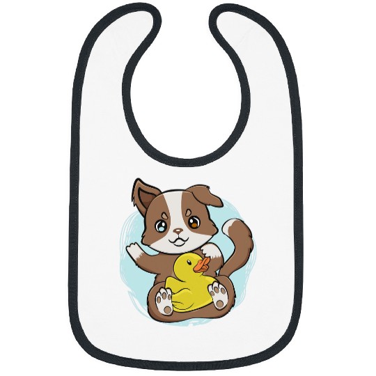 Cute Australian Shepherd With Yellow Duck Toy Chibi Anime Bibs