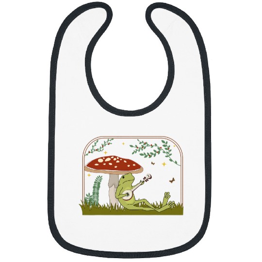 Funny Banjo Frog Cottagecore Aesthetic kawaii Frog Playing Banjo Mushroom Bibs