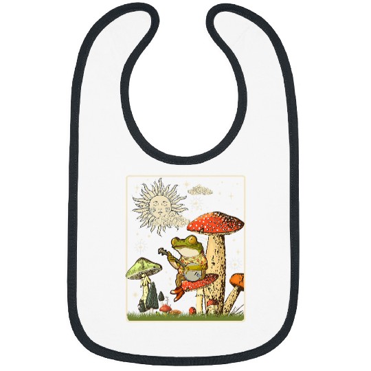 Funny Banjo Frog Retro Frog Playing Banjo on Mushroom Cottagecore Aesthetic Bibs