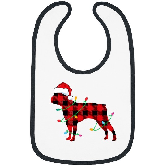Boston Terrier Pet Santa Hat Christmas Lights Red Plaid Xmas Bibs