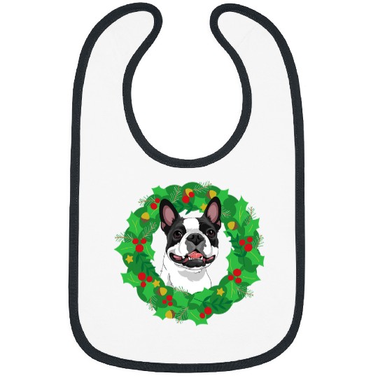 Boston Terrier Pet Wearing Christmas Wreath Bibs