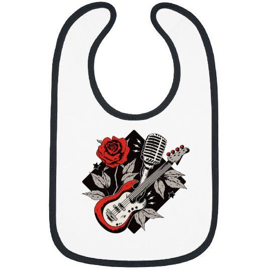 Funny Guitar Cool Music Guitar Rose And Microphone Art Bibs