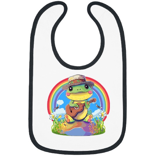 Funny Banjo Frog Kawaii Cottagecore Frog Playing Banjo Pastel Rainbow Bibs