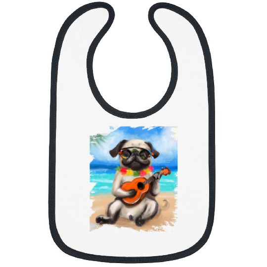 Funny Ukulele Hawaiian Aloha Dog Pug Playing Ukulele Beach Bibs