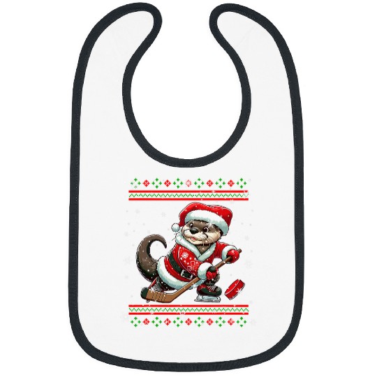 Sport Hockey Santa Otter Playing Hockey Christmas Sweater Player Lover Bibs