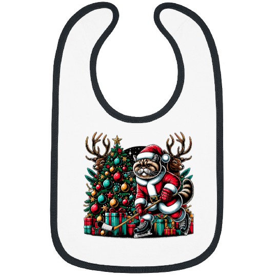Sport Hockey Santa Exotic Shorthair Cat Playing Hockey Christmas Bibs