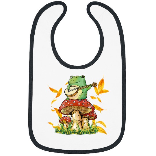 Funny Banjo Frog Cottagecore Frog on Mushroom Playing Banjo Retro Aesthetic 2 Bibs