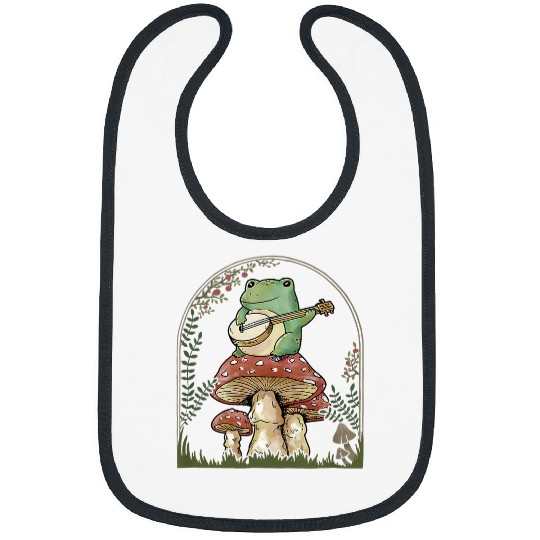 Funny Banjo Frog Cottagecore Aesthetic Frog Playing Banjo on Mushroom Cute 1 Bibs