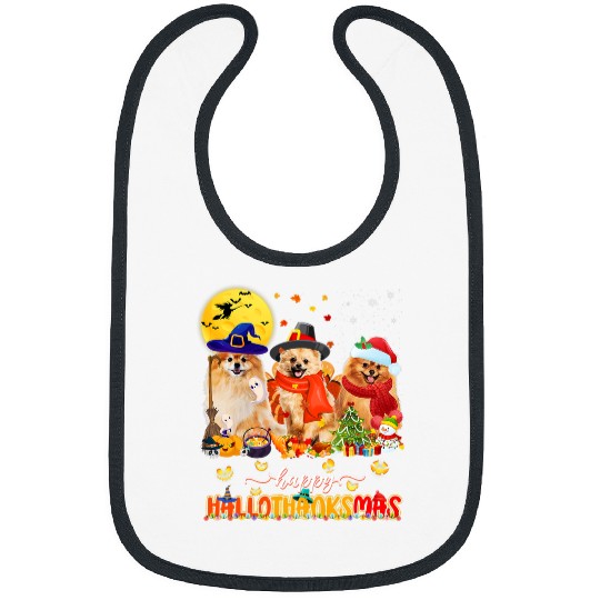 Pomeranian Pet Happy Hallothanksmas Pomeranian Wizard Hat Turkey Snowman Bibs