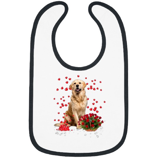 Golden Retriever Pet Hearts Balloons And Rose Basket Valentines Bibs