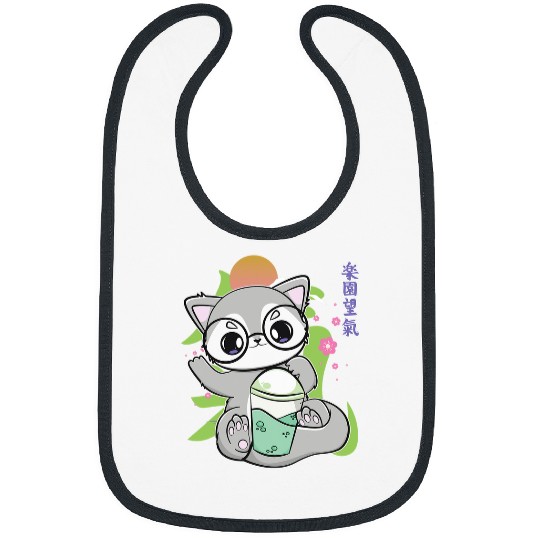 Coyote Mammal Cute Anime wolfs Drinks Bubble With Boba And Pearl Milk Tea Bibs