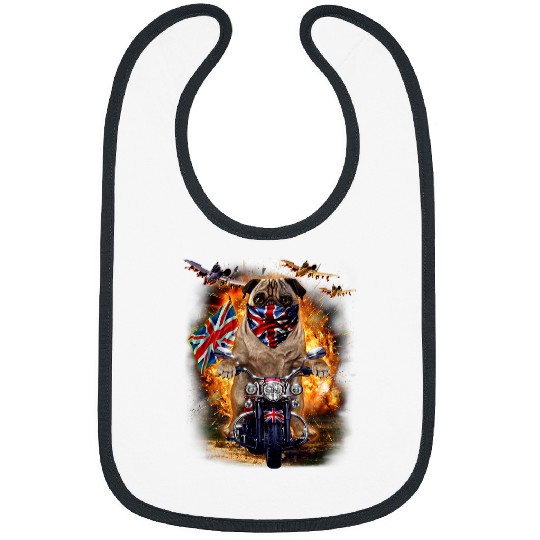 Pug Pet Grumpy Pug Ride Motorcycle in Union Jack Bandana Dog Bibs