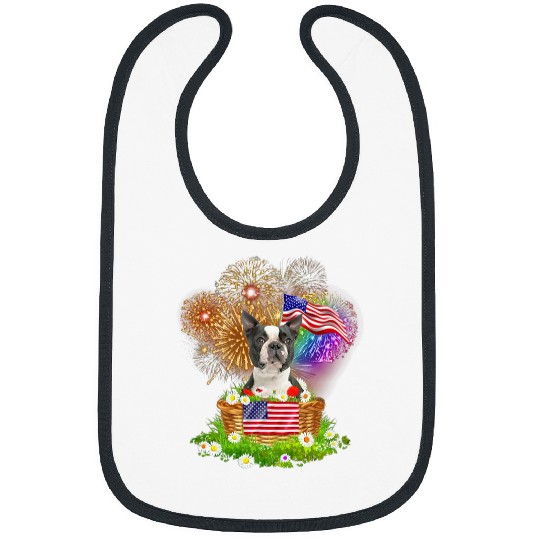 Boston Terrier Pet Funny Boston Terrier Dogs Firework July Basket US Flag Bibs