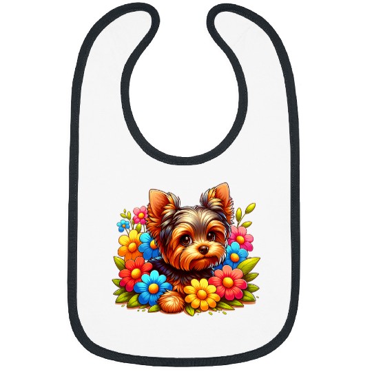 Cute Yorkie Puppy Colorful Spring Flowers Yorkshire Terrier Bibs
